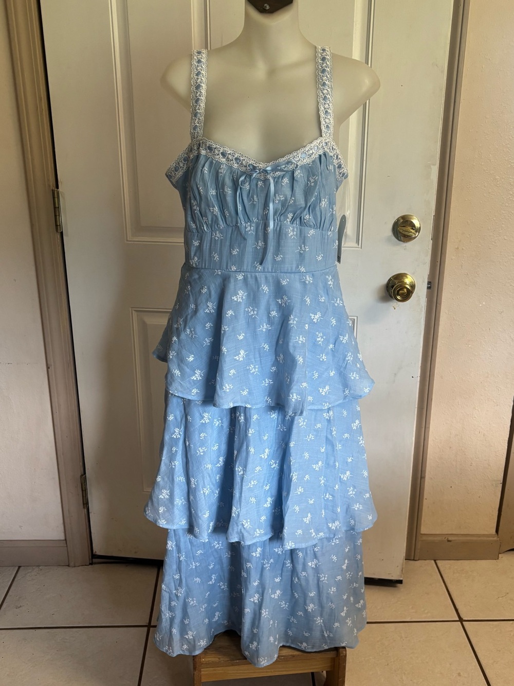NWT Large Trixxi light blue floral tiered maxi cottagecore-inspired dress. RT 57